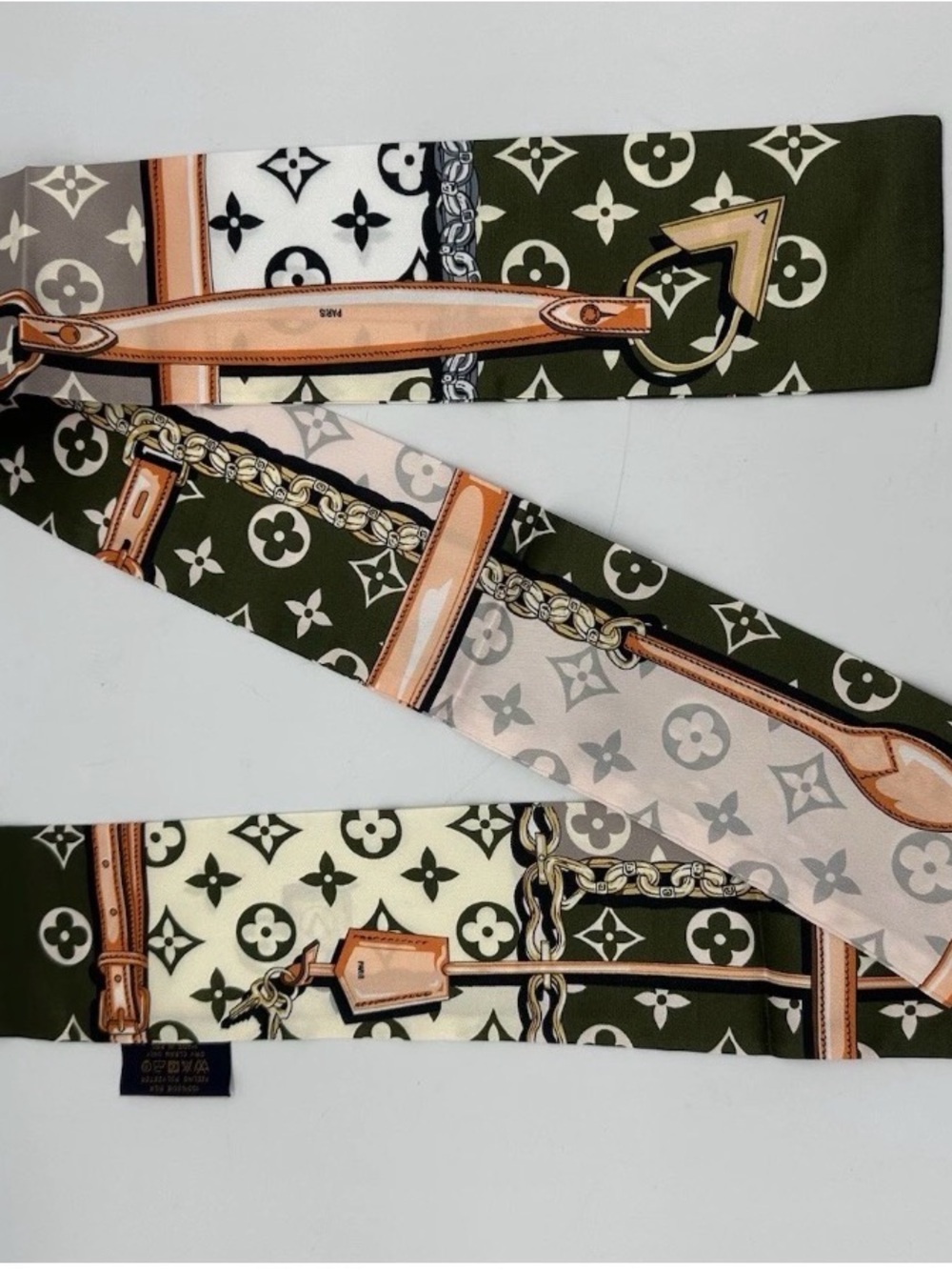 Lock and Chain Pattern Twilly Olive & Tan Silk Scarf Accent for Women’s Bag - Picture 5 of 5